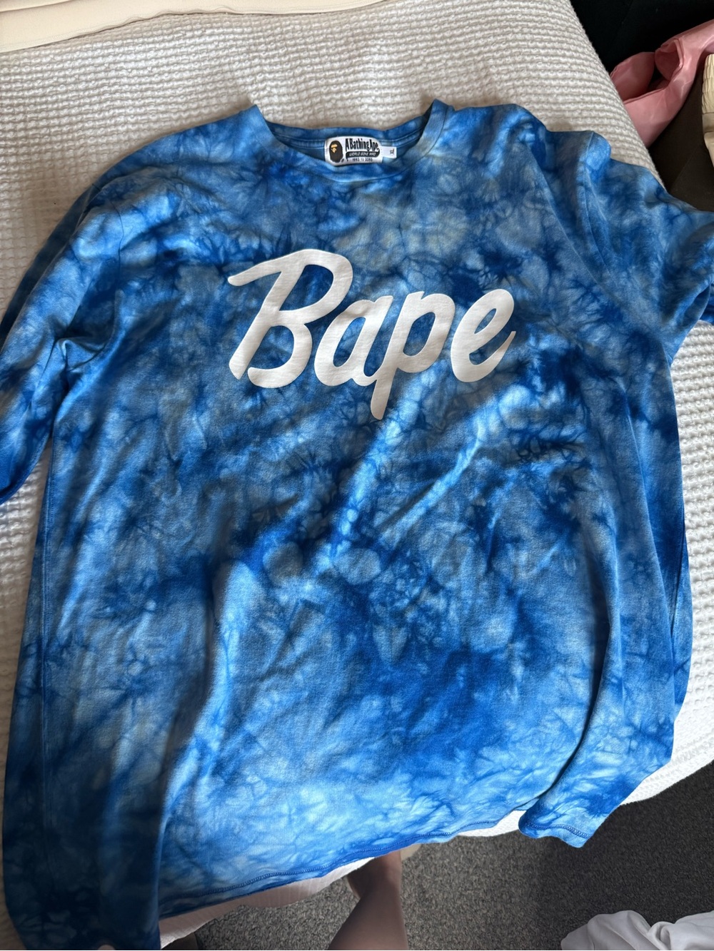 Bape Blue Tie-Dye Script Logo Long Sleeve Tee